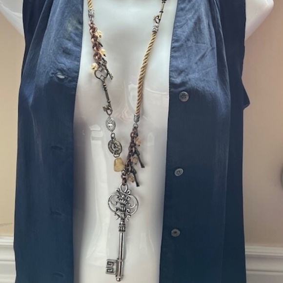 Treska Jewelry - TRESKA Long Necklace Boho Bronze Color Copper Tone Silver Tone Brown Key Cord